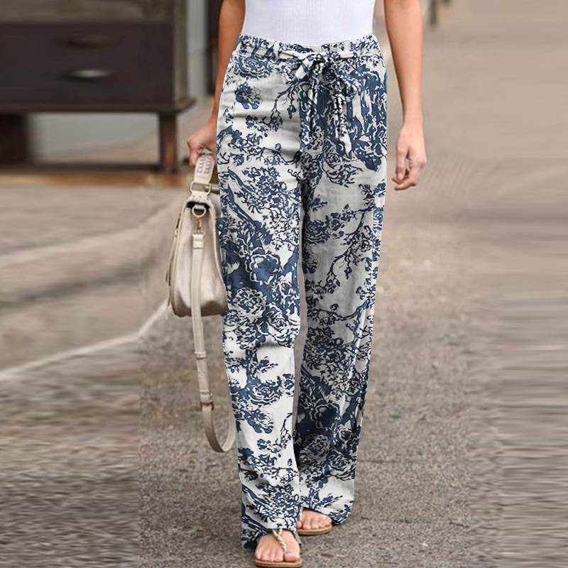Women's Simple Elastic Waist Printed Cotton Linen Trousers