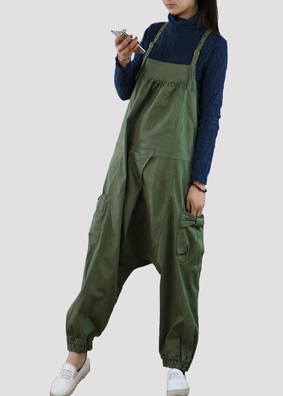Handmade Green Casual Pockets Button Fall Cotton Romper Outfit